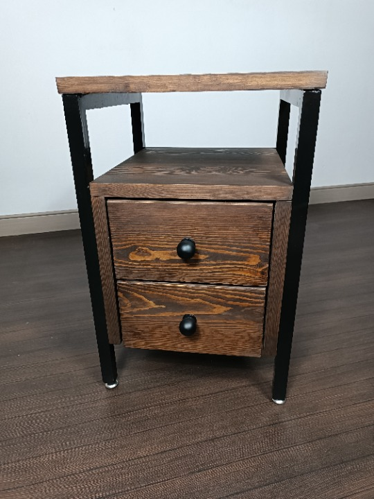 Industrial Style Pine Nightstand with Metal – 2 Drawers