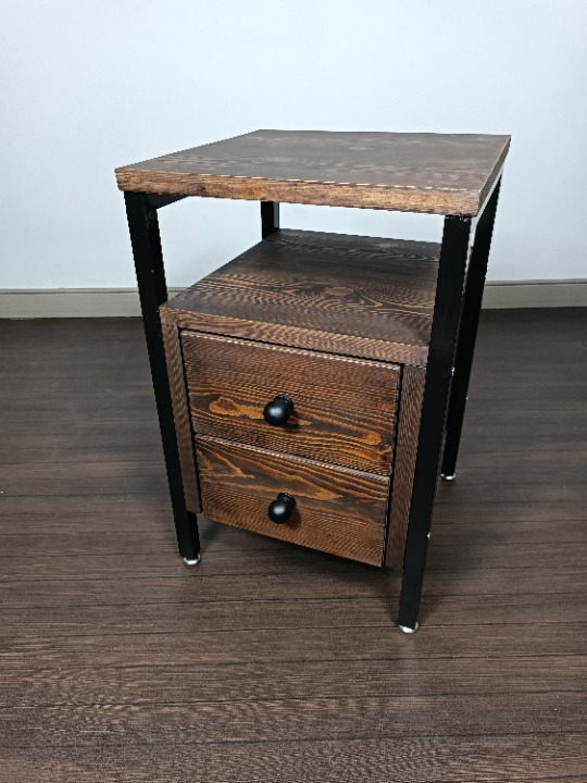 Industrial Style Pine Nightstand with Metal – 2 Drawers