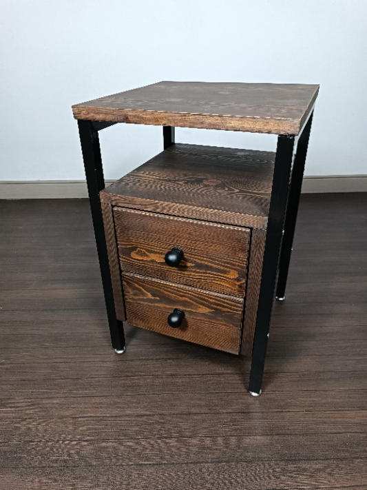 Industrial Style Pine Nightstand with Metal – 2 Drawers