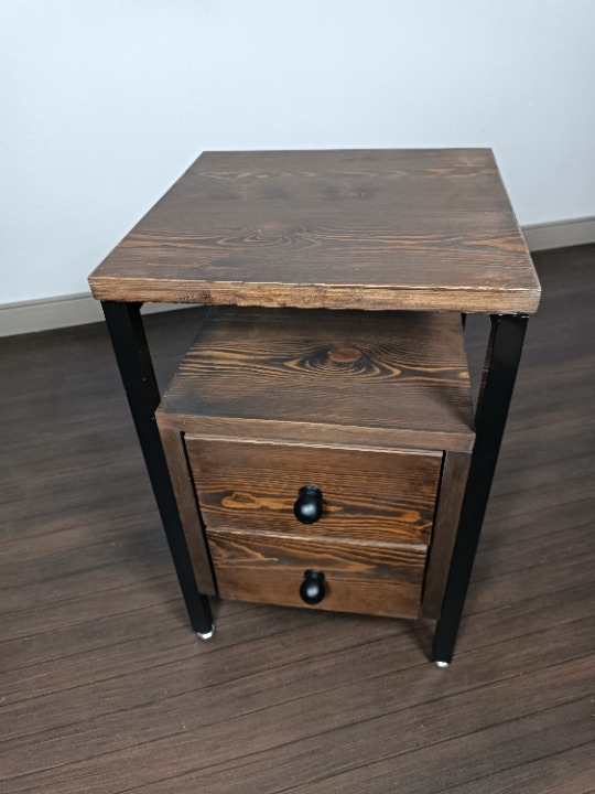 Industrial Style Pine Nightstand with Metal – 2 Drawers