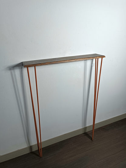 Console en bois rouge avec pieds épingle cuivre