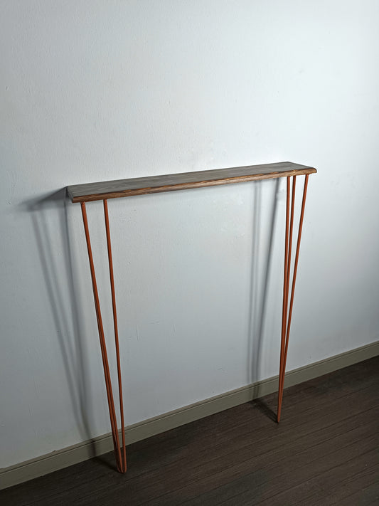 Console en bois rouge avec pieds épingle cuivre