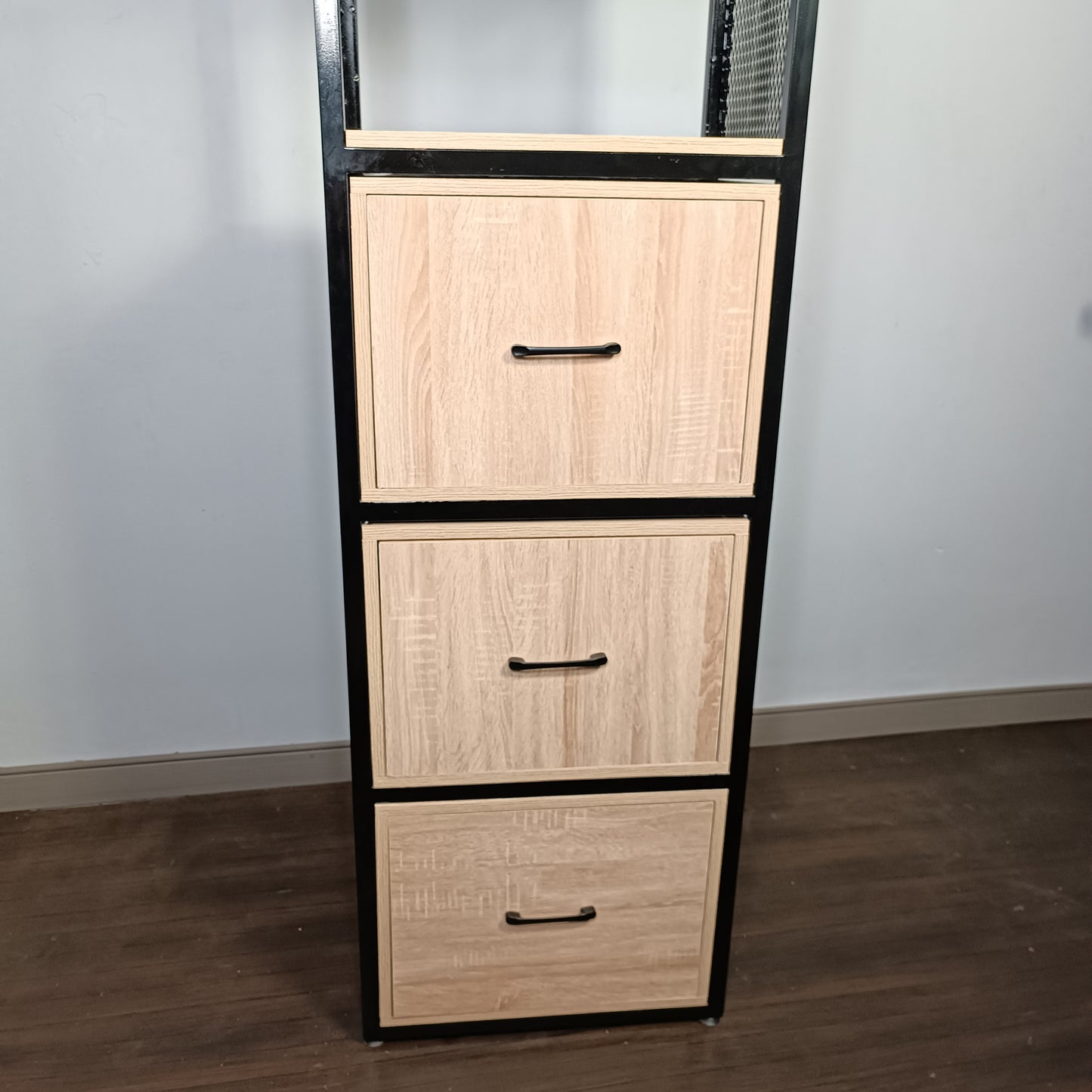 Étagère industrielle en MDF – 3 tiroirs & étagères ouvertes –